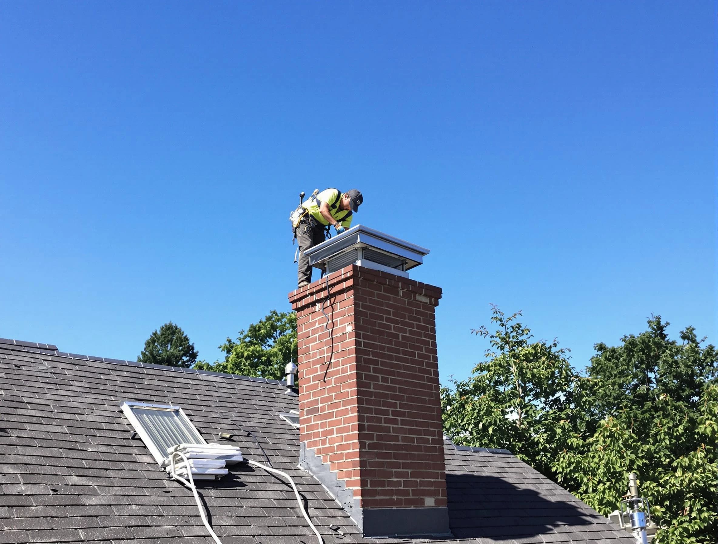 Chamblee Chimney Sweep technician measuring a chimney cap in Chamblee, GA